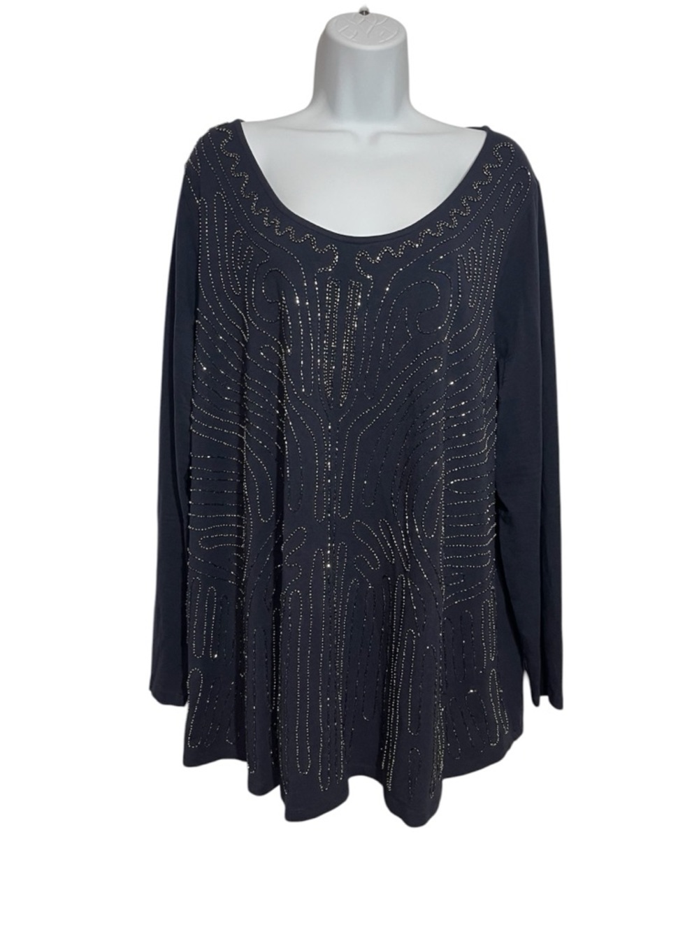Soft Surroundings Navy Beaded Formal Long-Sleeve Scoop Neck Top Size 1X Night